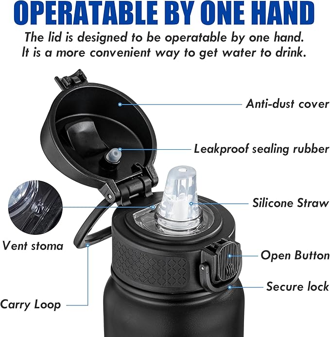 OLDLEY 12oz Kids Water Bottle, Stainless Steel Insulated Water Bottle For Kids, With Straws Leak-proof, Kids Water Bottles For School Boys Girls, Black