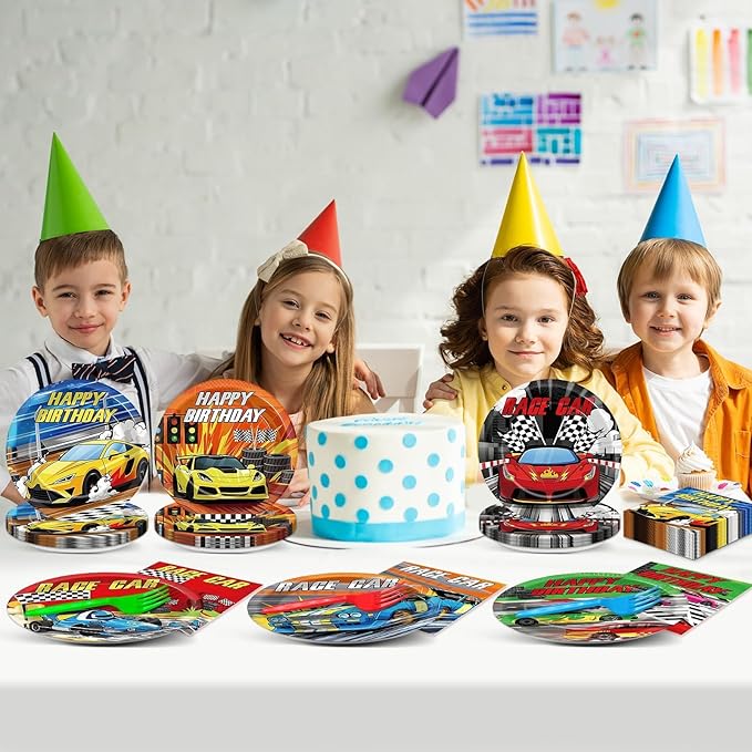 96Pcs Race Car Birthday Party Supplies Hot Car Themed Paper Plates Napkins Racing Themed Park Party Tableware Disposable Checkered Dinnerware Decoration Set for Kids Birthday Baby Shower Table Decor