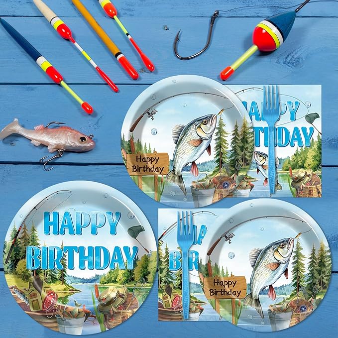 96Pcs Gone Fishing Party Plates Napkins Ofishally Birthday Supplies Fishing Birthday Paper Dessert Cake Plates Tropical Fish Tableware Sets for Kids Boys 24 Guests Birthday Party Decorations