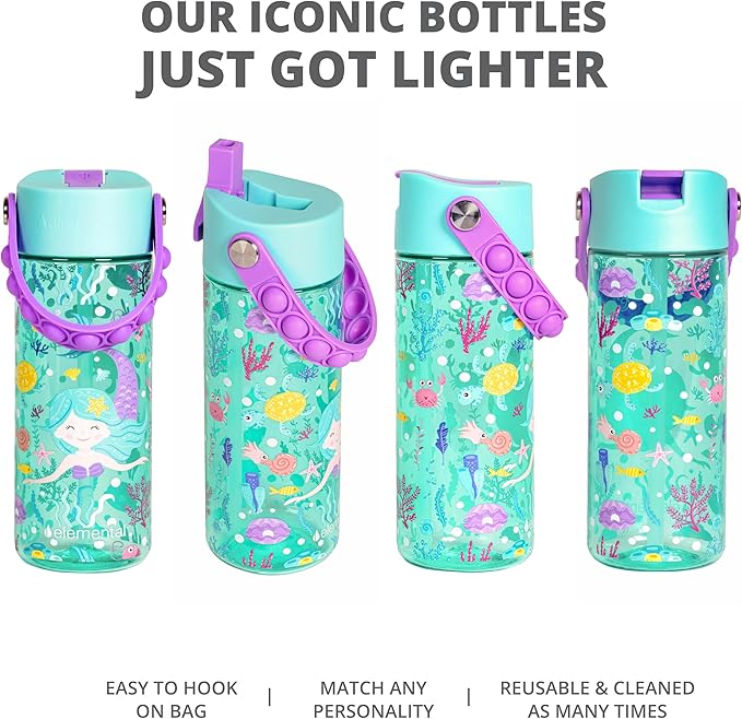 Elemental Leak Proof Water Bottles for Kids - Splash Kids Water Bottle for School with Pop-it Handle - Tritan Plastic Water Bottle with Straw - Mermaid & Rose - 18oz (2 Pack)