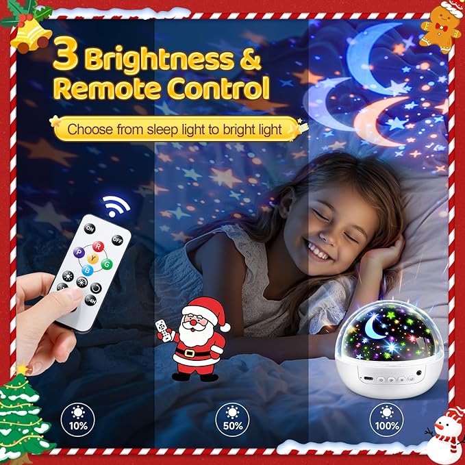 COOLNIGHT Boy Room Decor, 93 Lighting+3 Films Toddler Room Decor, Remote+Dimmable+360° Slient Nightlight for Baby Nursery, Starry Night Light Up Toys, Moon Projector (White)