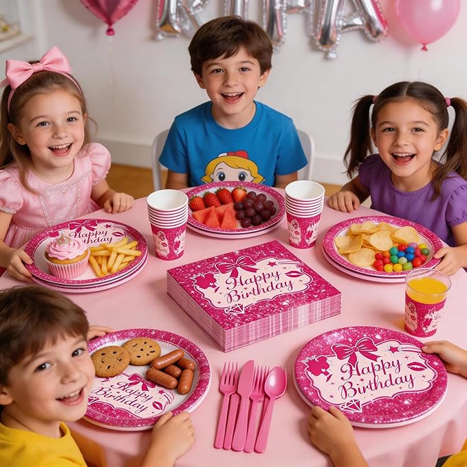 Hot Pink Dolls Themed Party Supplies for Girls Pink Birthday Party, Princess Party Decorations Disposable Tableware Set With Plates, Cups, Napkins & Cutlery For 24 Guests