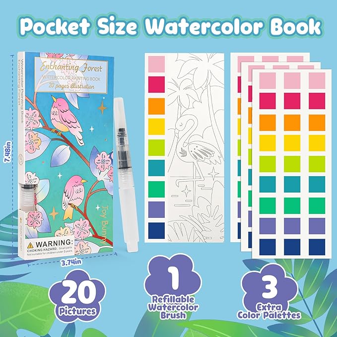 JCREN Watercolor Painting Books, Pocket Watercolor Painting Coloring Kit, Paint with Water Bookmarks Travel Activity Party Favors for Kids Toddlers Gifts for Boys and Girls