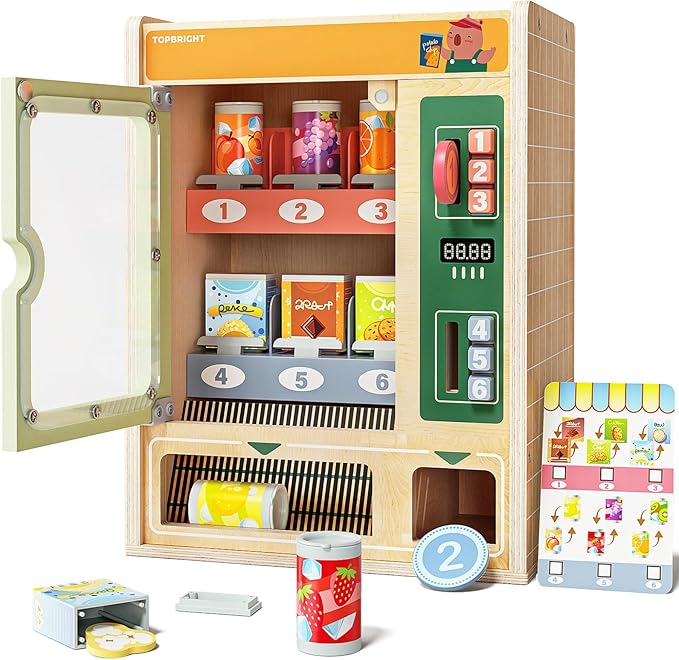 TOP BRIGHT Wooden Vending Machine Play Set, Play Food for Kids，Pretend Play Toys with Wooden Snack Bars and Drink Cans, Montessori Toys for Boys Girls Capybara Gift Age 3+ (Vending Machine)