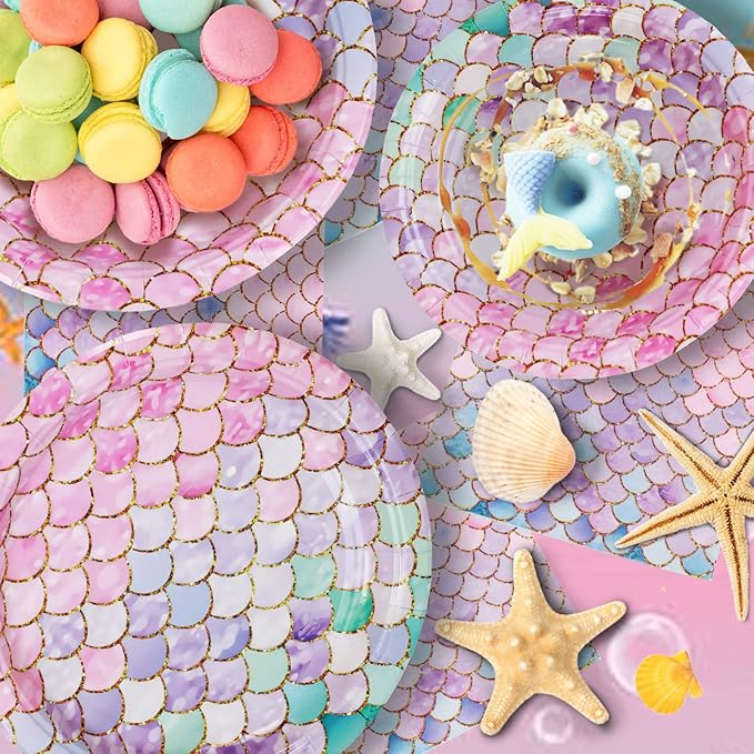 Mermaid Birthday Party Supplies-Mermaid theme Birthday Decorations,Ocean Party Supplies Disposable Dinnerware for Girls Baby Shower Serves 25 Guests with Paper Plates,Napkins,Tablecloth