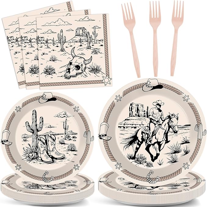 96Pcs Cowboy Party Plates and Napkins for Western Birthday Supplies First Rodeo Bachelorette Themed Paper Dessert Plates Cowboy Ranch Tableware Set for Kids Boys 24 Guests Birthday Party Decorations