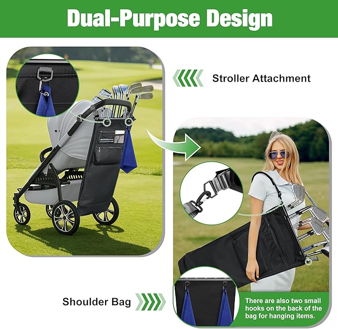 Stroller Golf Caddy,Golf Bag Attach to Stroller with Side Pockets,Shoulder Strap & Hooks for Towel Gloves,Lightweight Foldable Golf Organizer for Family Outdoor Golf,Stroller Golf Accessory
