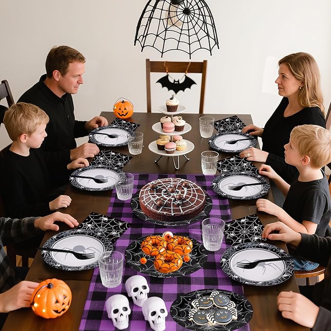 96 Pcs Halloween Plates and Napkins Set - Black Spider Webs Dinner Dessert Paper Plates Cocktail Napkins Forks Disposable Tableware for Spiderweb Halloween Party Decorations Supplies Favors, Serve 24