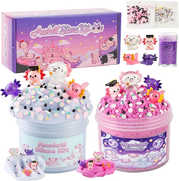 2 Pack Axolotl Cloud Slime Kit for Girls Boys - Scented Fluffy Cloud Slime with Cute Axolotl Charms - Non-Sticky Sensory Fidget Toys for Stress Relief & ASMR - DIY Slime Gift for Kids