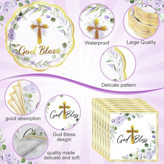Pickmesh 194 Pcs God Bless Baptism Party Decoration Girl for 24, Purple Floral Baptism Confirmation Paper Plate Napkin Cup Tablecloth Cutlery for First Holy Communion Christening Baby Shower Supplies