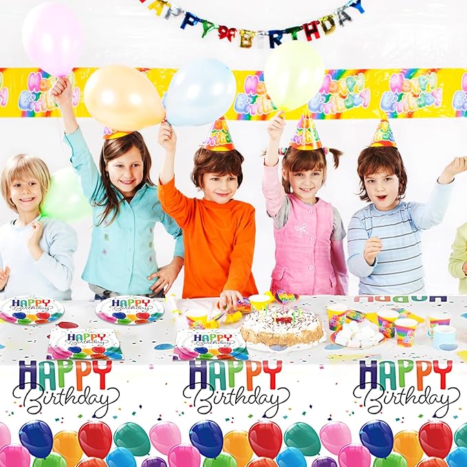 41PCS Happy Birthday Decorations Colorful Birthday Themed Decorations Includes Disposable Paper Plates and Napkins,Tablecloth for Kids' Boys Girls Baby Shower