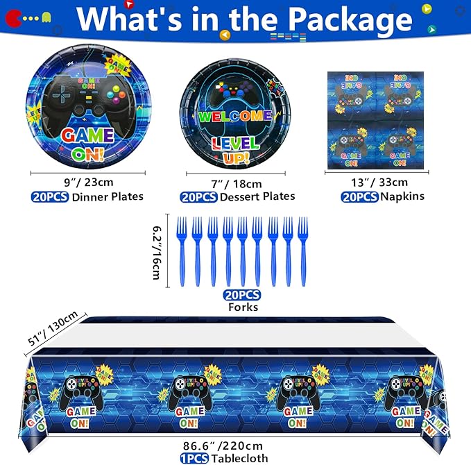 Video Game Party Supplies Serve 20-81Pcs Plates Napkins Tablecloth Forks Set for Boys Gaming Controller Party Decorations