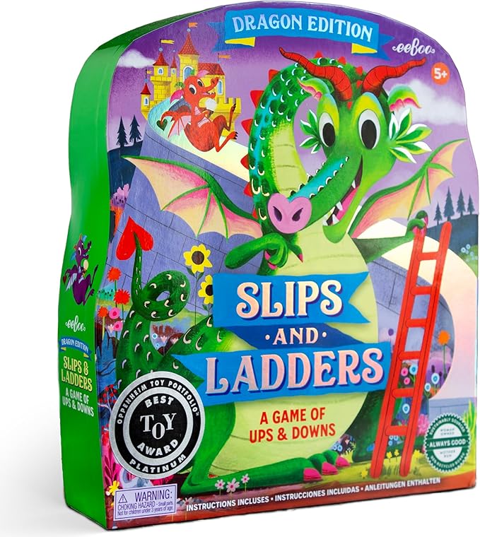 eeBoo Slips & Ladders Dragon Edition - Award Winning Classic Race Game with Holographic Foil, Screen-Free Fun for 2-4 Players, Kids Ages 5 and up