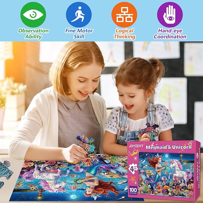 100 Piece Puzzles for Kids Ages 6-8, Mermaid and Unicorn Puzzles 100 Pieces for Kids, Underwater Scene Jigsaw Puzzle for Children Learning Educational Toys Gifts for Girls Boys