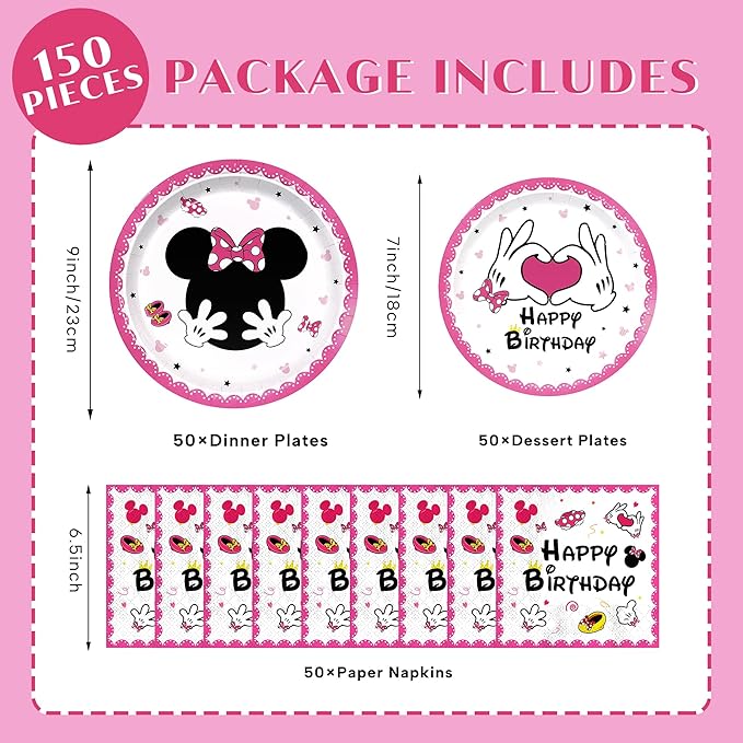 150pcs Pink Cartoon Plates Napkins Party Supplies Paper Disposable Tableware Set Cartoon Birthday Party Decorations for Kids Girls 50 Guests