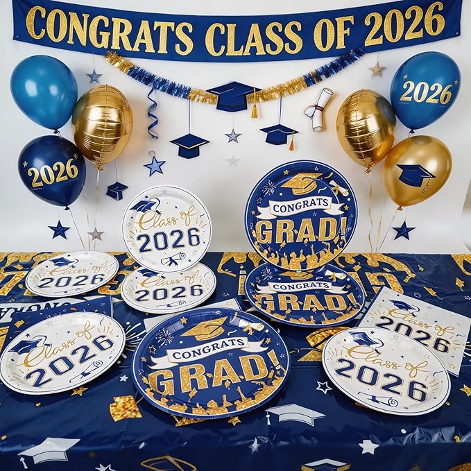 Graduation Plates and Napkins 2026,97Pcs Blue Disposable Grad Plates Class of 2026 Dessert Plates Napkins,Tablecloth,Forks,Graduation Decorations for Congrats Grad Party,Serve 24