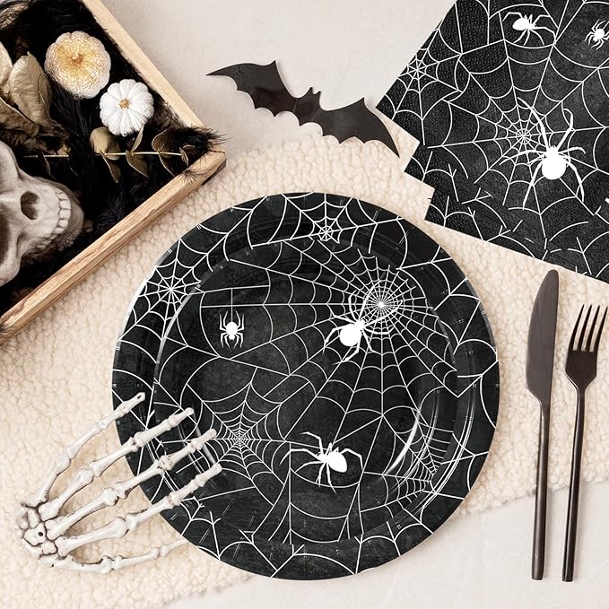 100 Pcs Halloween Spider Web Tableware Party Supplies Set, Serves 25 – Disposable Spiderweb Paper Plates, Napkins, and Forks, Spooky Dinnerware for Haunted House, Trick-or-Treat Party Decorations