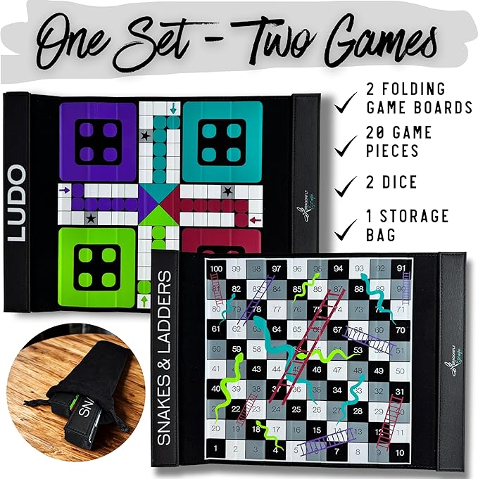 Ludo and Snakes & Ladders 2-in-1 Set, Compact Travel-Friendly Folding Boards, Wooden Pieces & Dice, Portable Family Game