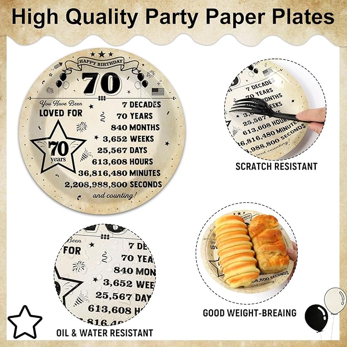 CHUNNIN 50pcs 70th Birthday Plates and Napkins 70 Year Old Birthday Party Decorations Vintage Back in 1956 Dessert Plates Vintage 1956 70th Theme Disposable Tableware Set for Men Women Party Supplies