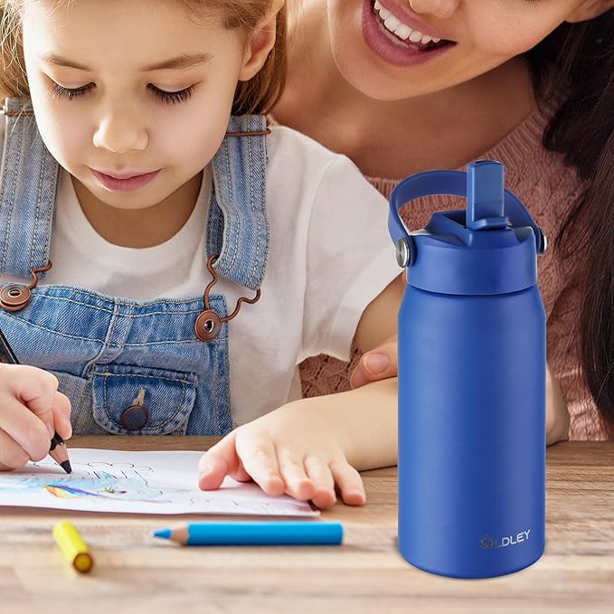 OLDLEY kids Water Bottle - 18oz Insulated Stainless Steel - Wide Straw Lid, Non Spill, Leakproof, Kids Water Bottle for School,Blue