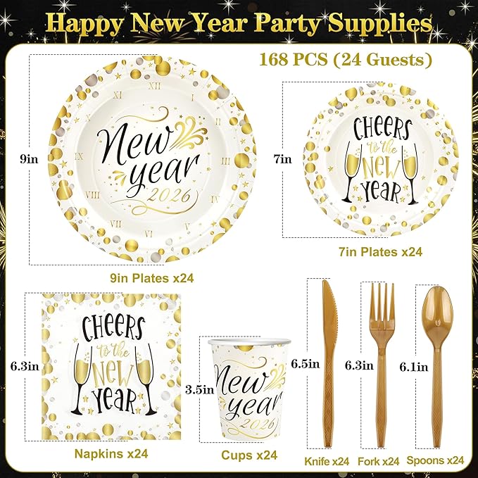 168pcs Happy New Year Party Supplies, White and Gold Paper Plates Napkins Cups and Gold Cutlery for 24 Guests, 2026 New Year Disposable Tableware Supplies for Party Decorations