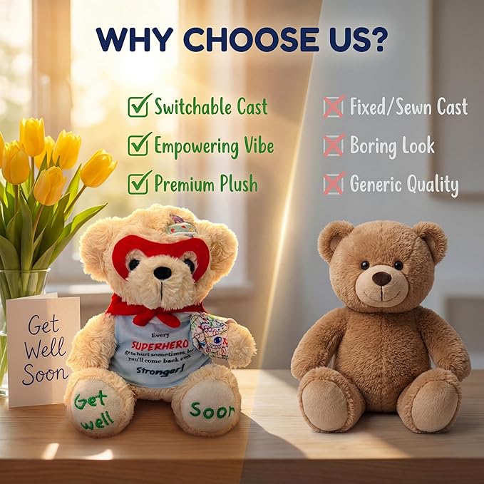Broken Arm Gifts for Kids, Superhero Get Well Soon Bear with Switchable Cast (Fits Left or Right Arm), 8 Inch Stuffed Animal for Surgery Recovery, Broken Wrist, Tonsillectomy, Brave Boys & Girl