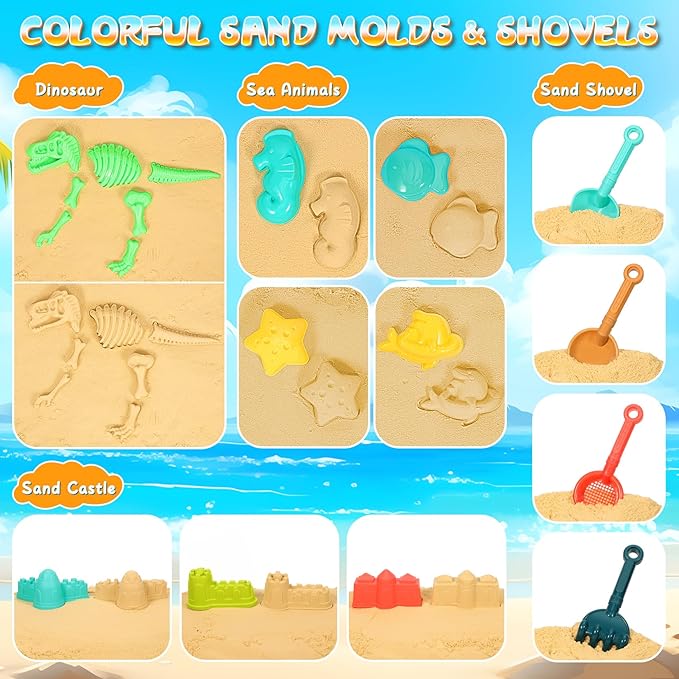 HUITEM Beach Sand Toys for Kids, 29PCS Sandbox Toys with 2 Collapsible Bucket Sand, 2 Dump Truck, Dinosaur Molds, Castle Building Kit, Shovel Sieve,Flags,Mesh Bag Travel Beach Toys for Toddler 3-10