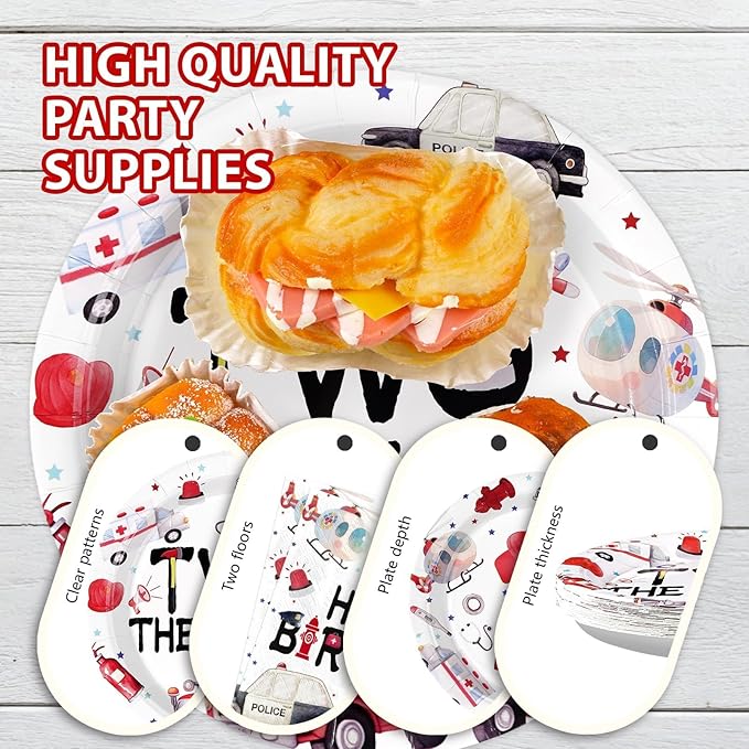 Grencian 96Pcs Two the Rescue Birthday Decorations Emergency Vehicle Theme Plates and Napkins Fire Truck Tableware Ambulance Dinnerware for Kid Emergency Vehicle 2 Years Old Birthday Party Decorations