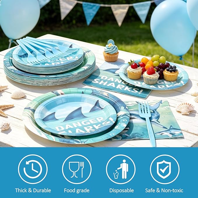 100Pcs Shark Birthday Party Plates and Napkins Supplies - 9" & 7" Paper Plates Napkins Forks - for Under The Sea Ocean Animal Theme Party Decorations,Serves 25