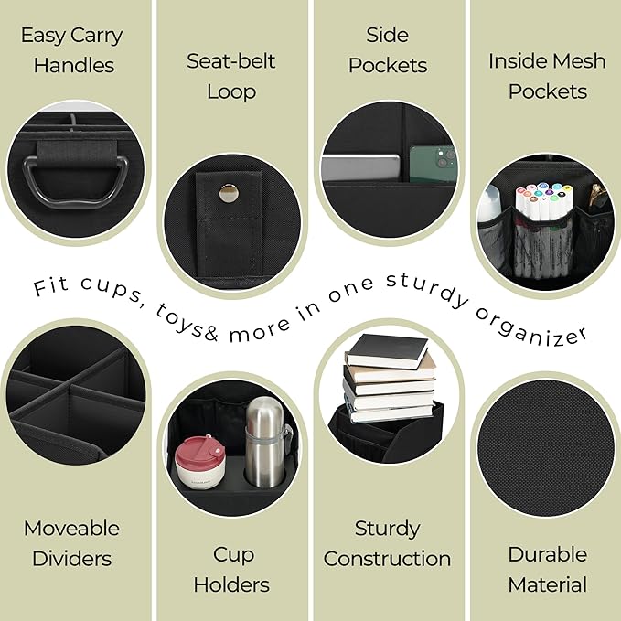 Car Seat Organizer Backseat Front Seat, Car Organizer With 12 Storage Compartments 2 Cup Holders, Snack Storage For Kids Baby, SUV Truck Van Collapsible Storage Bag For Travel, BK, 2PK