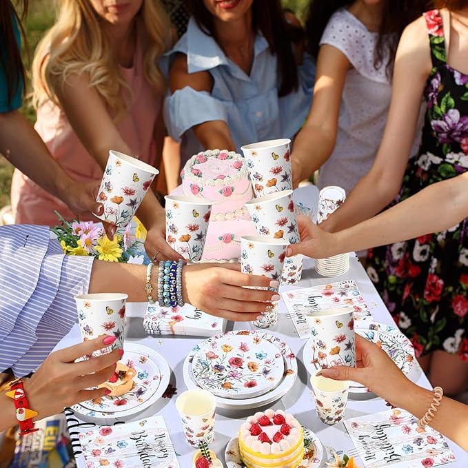 Pickmesh 194 Pcs Wildflower Birthday Party Decorations Spring Floral Tableware Set for 24 Guests Wildflower Birthday Paper Plates and Napkins Cups Tablecloth Cutlery for Women Flower Party Supplies
