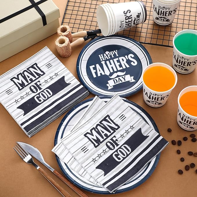 122 Pcs Happy Father's Day Plates and Napkins Set for 24 Guest Blessed Dad Paper Dessert Plates Cups and Napkin Kit Blue and White Disposable Tableware for Father Papa Grandpa Party Table Decorations