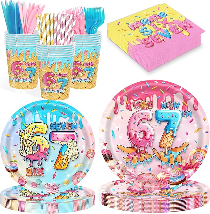 152 PCS 6 7 Six Seven Ice Cream Birthday Disposable Party Supplies Serves 20 Guests, Sweet Treats Meme Disposable Tableware Set with Plates Cups Napkins Cutlery for 6 & 7 Year Old Birthday Decorations