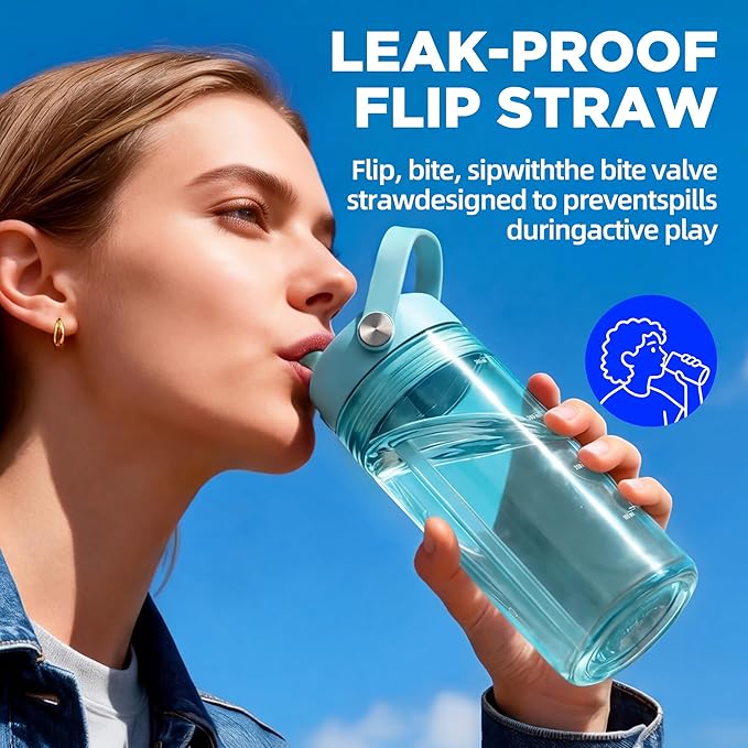 12oz Kids Water Bottle with Straw, BPA Free Thick Tritan Plastic Reusable, Clear Water Bottle, Leakproof Lid, Dishwasher Safe for School, Travel, Cool Mint Blue
