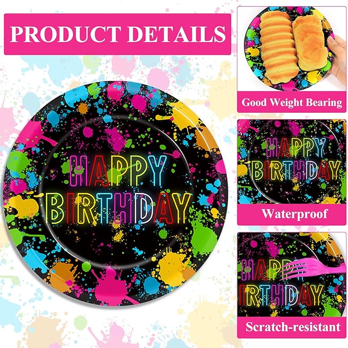 48Pcs Neon Glow in the Dark Paper Plates and Napkins Neon Birthday Party Decorations Paint Splatter Birthday Party Supplies Colorful Graffiti Disposable Tableware for Kids Baby Shower Serves 24