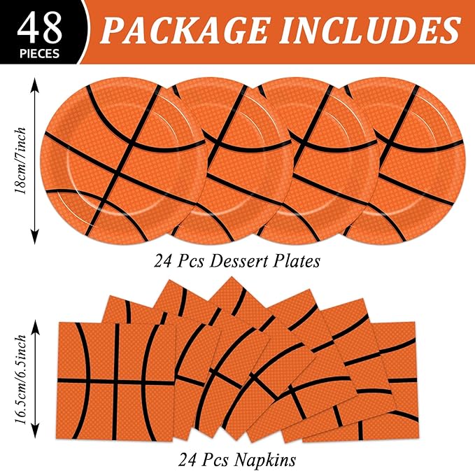 48Pcs Basketball Paper Plates and Napkins Basketball Birthday Party Decorations Sport Party Supplies Black Orange Dessert Plates Disposable Tableware Set for Teenagers Kids Boys Adults Serve 24