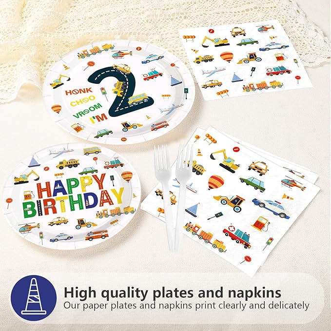 96Pcs 2nd Birthday Cars Party Supplies Transportation Theme Birthday Plates and Napkins Car Train Plane Sailboat Tableware Set for 2 Years Old Boy Vehicle Traffic Party Decorations Serves 24