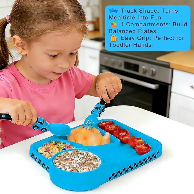 Deinyi Construction Toddler Plates - Construction Utensils for Toddlers - Easter and Birthday Gift Toddler Utensils for 1 2 3 4 5 6 7 year - Blue
