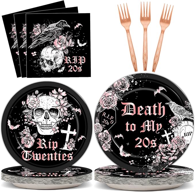 Qyeahkj 100 Pcs 30th Birthday Party Supplies Death to My 20s Paper Plates and Napkins Set Disposable Black Rose Gold Rip to My 20s Tableware Decorations for Women Funeral Youth Party Serve 25 Guests