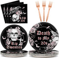 Qyeahkj 100 Pcs 30th Birthday Party Supplies Death to My 20s Paper Plates and Napkins Set Disposable Black Rose Gold Rip to My 20s Tableware Decorations for Women Funeral Youth Party Serve 25 Guests