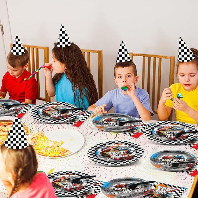 96Pcs Monster Truck Party Plates and Napkins for Monster Truck Birthday Party Supplies Paper Dessert Plates Tableware Set for Kids Boys 24 Guests Birthday Decorations