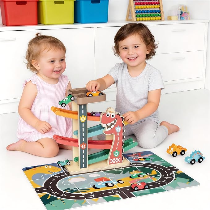Montessori Toys for 1 Year Old Boy, Toddler Toys 1-2, First Birthday Gifts for Boys, Dinosaur Themed Toy Vehicle Set