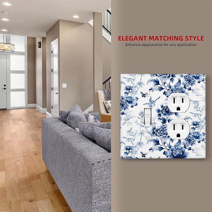 Blue Flower White Floral Plant Bird Butterfly Wallplates 1 Toggle 1 Duplex Switch Plate Electrical GFCI Faceplate Decorative Light Switch Covers for Bedroom Living Room Decor