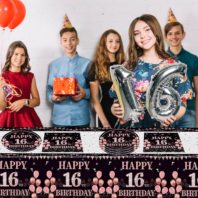41Pcs 16th Birthday Party Decorations for Girls Her, Rose Gold Birthday Supplies Include 20 Plates 20 Napkins and 1 Tablecloth, Sweet Sixteen Year Old Birthday Party Tableware for Girls Kids Children