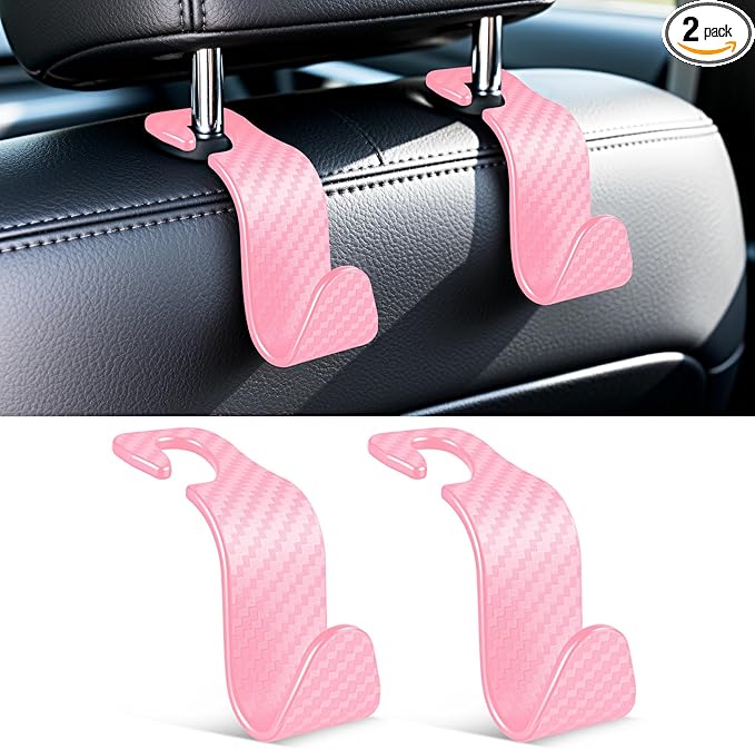 SINGARO Universal 2 Pack Car Seat Headrest Purse Hook, Carbon Fiber Back Seat Hook Storage Organizer Hanger for Purse Handbag Coat, Car Interior Accessories(Pink)