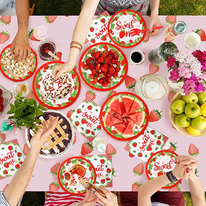 Strawberry Birthday Decorations, 75 Pcs Disposable Fruit Paper Plates and Napkins Tableware Set Party Supplies for Girl Sweet One Baby Shower Berry First Strawberry Themed Birthday Decor, Serves 25