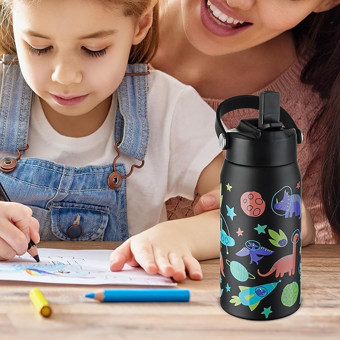 OLDLEY kids Water Bottle - 18oz Insulated Stainless Steel - Wide Straw Lid, Non Spill, Leakproof, Kids Water Bottle for School,Space Dinosaur
