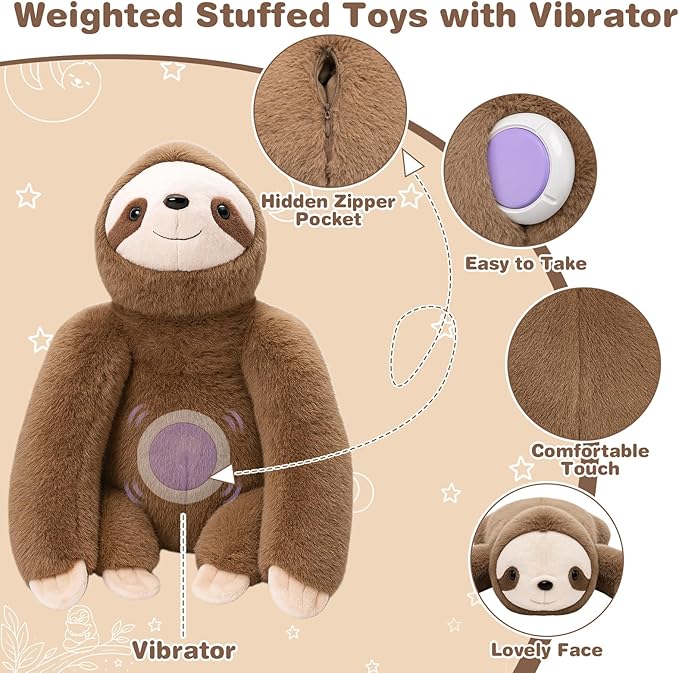 Joyreal Sloth Sensory Weighted Vibrating Pillow, Pressure Activated for Kids Adults, Plush Minky Soft Size: 11 by 21 inches Pillow Animal for Gift Birthday