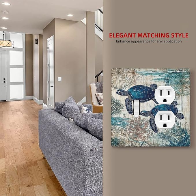 Blue Green Sea Turtle Tropical Ocean Coral Nautical Map Wallplates 1 Toggle 1 Duplex Switch Plate Electrical Gfci Faceplate Decorative Light Switch Covers For Bed Room Bathroom Decor