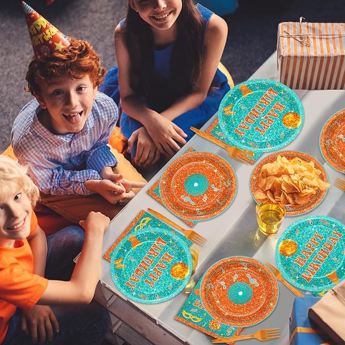 96PCS Popular Singer Birthday Party Paper Plates and Napkins Music Lover Party Decoration Pop Singer Theme Party Supplies Orange Green Glitter Tableware Set Serves 24 Guests Girls Baby Shower Favor